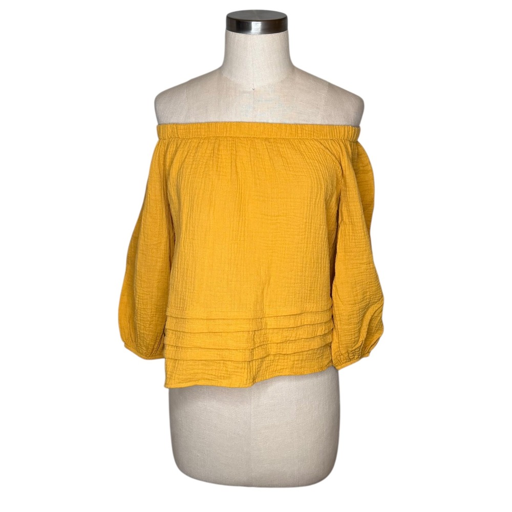 Roan + Ryan Mira Pleated Gauze Off Shoulder Top Gold Mustard Yellow Cotton Small